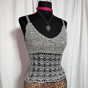 Silver Crochet Sequin Cami Tank Top S